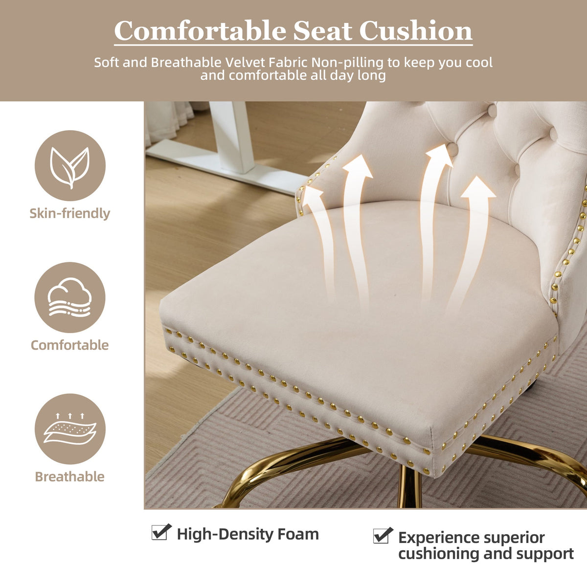 PAPROOS Vanity Chair, Swivel Home Office Chair, Ergonomic Home Desk Chair with Golden Metal Base, Adjustable Height, Velvet Upholstered Tufted Button Task Chair, Beige