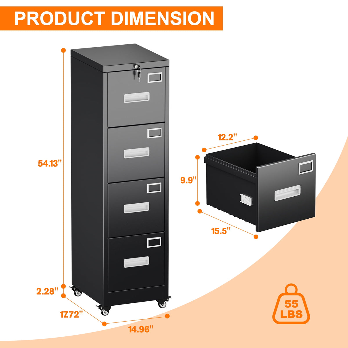 SUPEER 56"H 4 Drawer File Cabinets with Wheels, Metal Vertical File Storage Cabinet for Office Home, A4 Letter /Legal Size, , Assembly Required (Black）