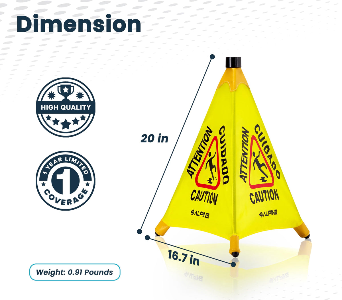 Alpine Caution Wet Floor Sign 3 Pack - Pop Up Slippery When Wet Sign, Wall Mounted Foldable Bilingual Yellow Safety Warning Cone for Commercial & Office Use (20 Inches)