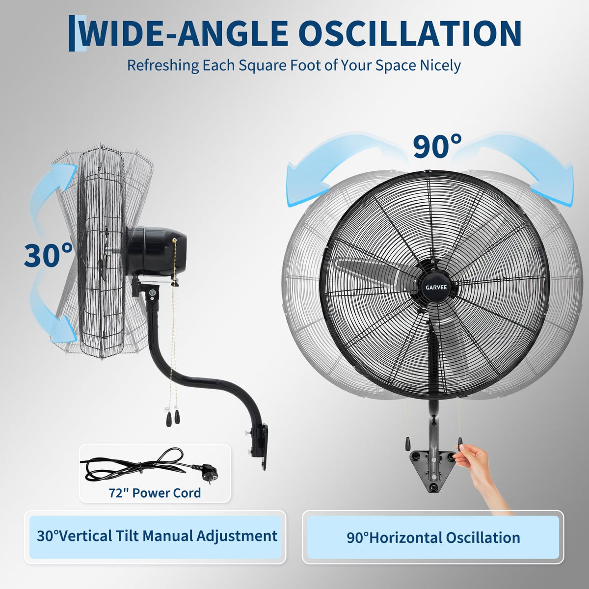 Wall Mount Fan 26 Inch High Velocity Industrial Oscillating with Dual Pull Cord, 4900CFM Heavy Duty Metal Fan 3 Speeds for Garage Workshop Patio