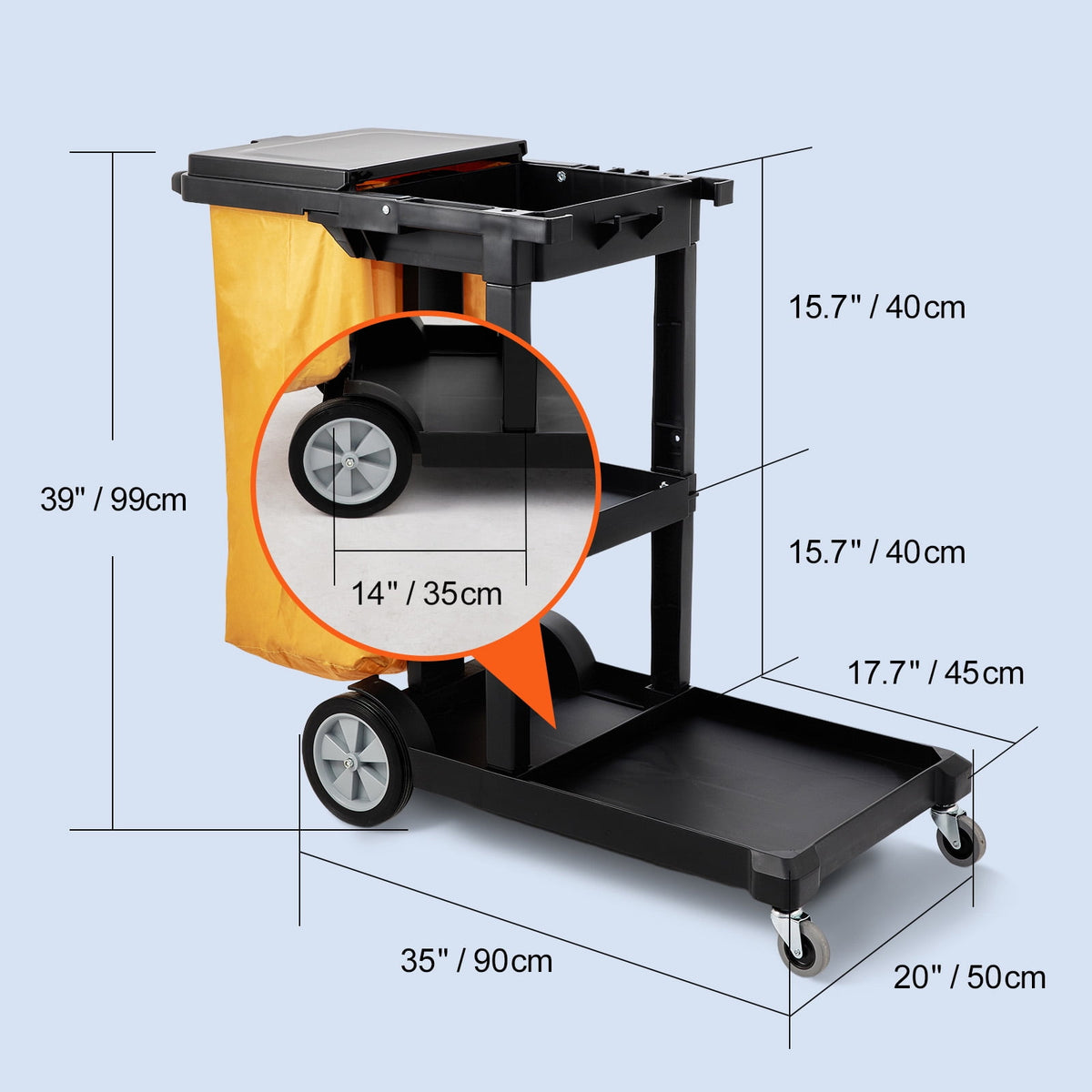 VEVOR Commercial Janitorial Janitor Cart 3-Shelf 200 lbs Janitorial Trolley Cleaning Cart with 25 Gallons PVC Bag and Cover for Housekeeping