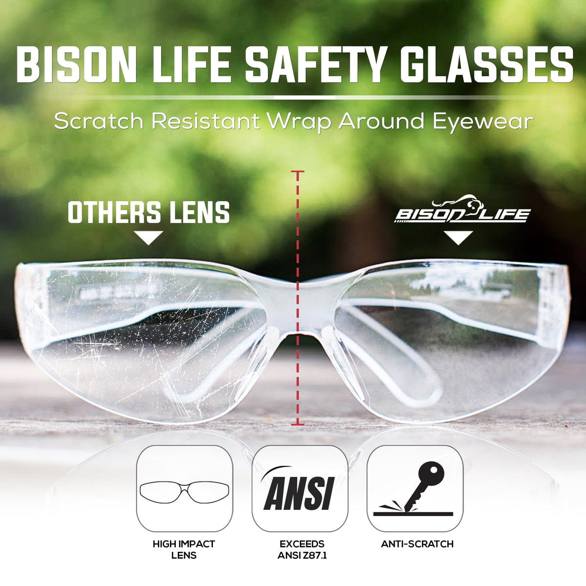 Bison Life Clear Safety Glasses, Pack of 12, ANSI Z87.1 Scratch & Impact Resistant, Polycarbonate Lens, One Size, Wrap Around Eyewear