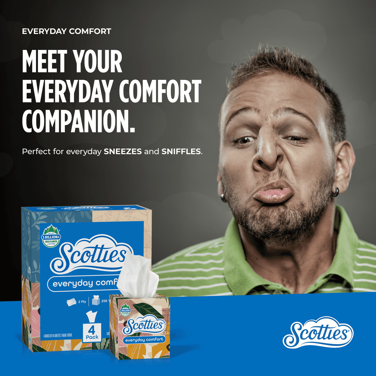 Scotties Everyday Comfort Facial Tissues, 4 Cube Boxes, 64 Facial Tissues per Box, 2-Ply (256 Total Sheets)