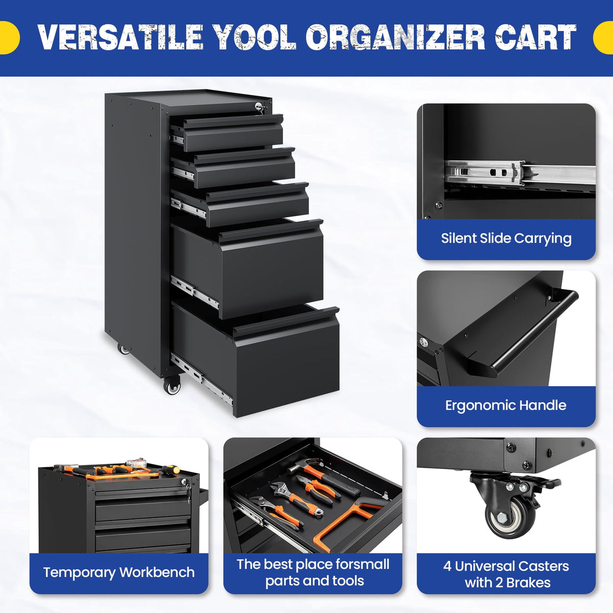 Fesbos 5-Drawer Rolling Tool Chest, Lockable Metal Cabinet with Wheels & Ball-Bearing Slides, Industrial Mobile Tool Storage Cart for Garage, Workshop, Mechanic