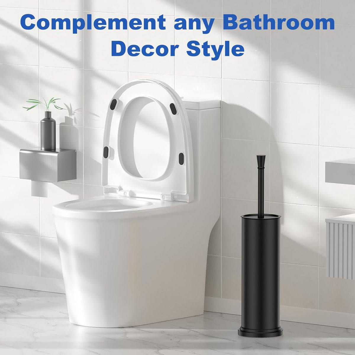 Black Toilet Brush and Holder，Extra Long Handled Black Toilet Brush for Bathroom，Stainless Steel Heavy Duty Toilet Bowl Brush,Deep Cleaning Modern Toilet Cleaner Brush -Space Saving