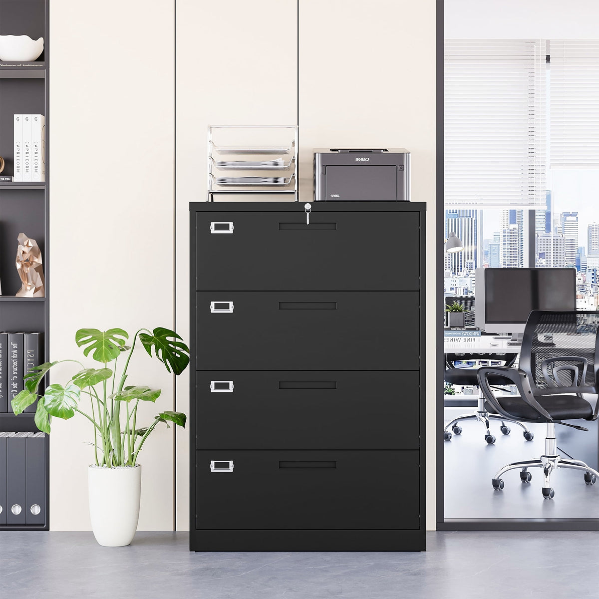 Fesbos Metal Lateral File Cabinets with Lock, 4 Drawer 28.5" Wide Filing Cabinets,Hanging Letter/Legal/F4/A4 Size, Assembly Required - Black
