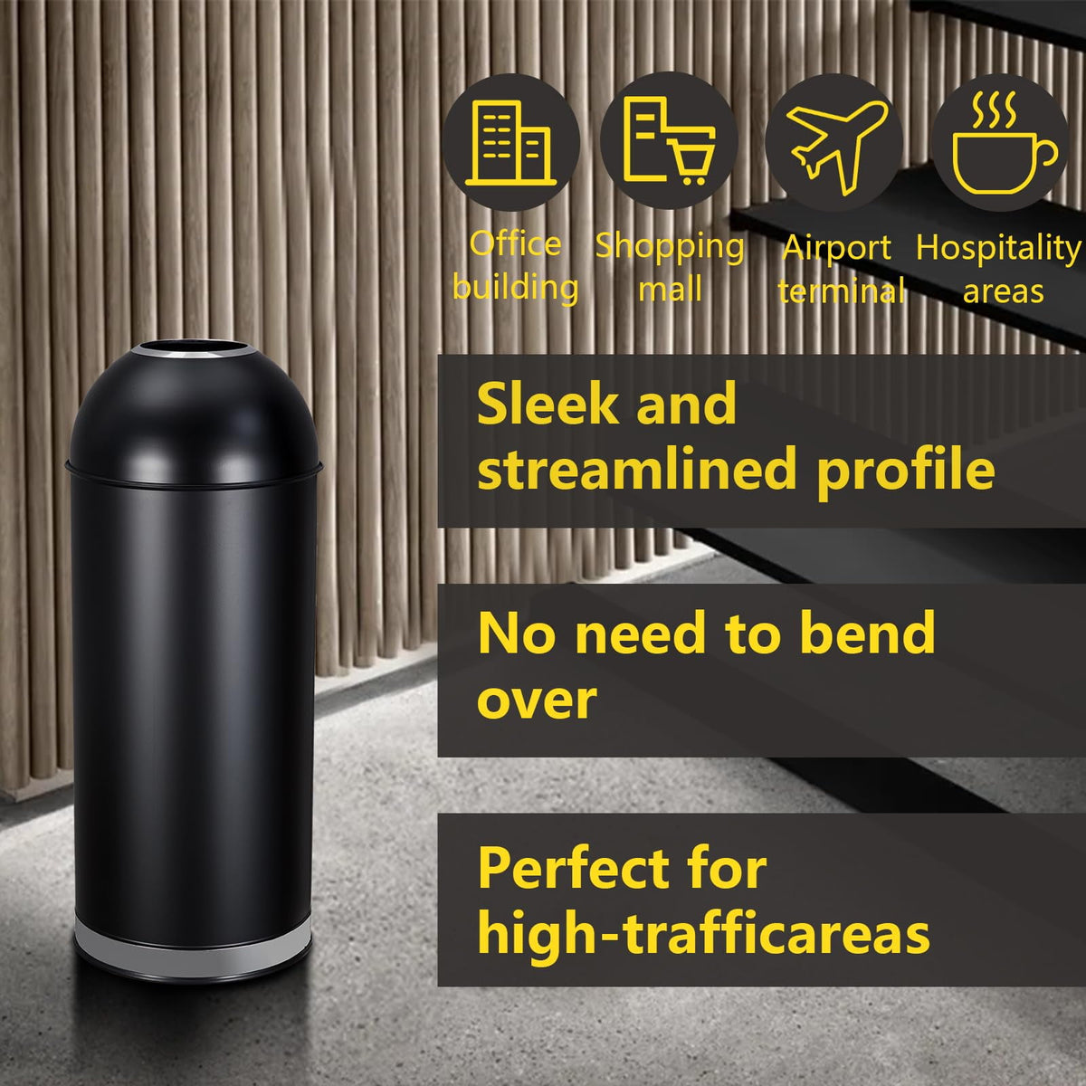 Huisuilinss 17 Gallon Trash Can,Black Open Top Trash Can,Commercial Stainless Steel Industrial Waste Basket Container, Metallic Black Large Garbage Enclosure for Home, Office, Restaurant, Restroom