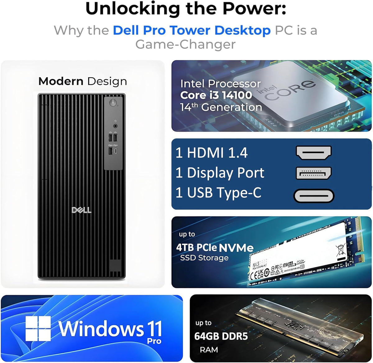 Dell 2026 Pro Desktop Computers Tower PC for Home & Business, Copilot AI, 14th Gen i3-14100 Processor, 16GB DDR5 RAM, 512GB PCIe SSD, Wi-Fi 6, Bluetooth 5.3, DisplayPort, HDMI, USB-C, Windows 11 Pro