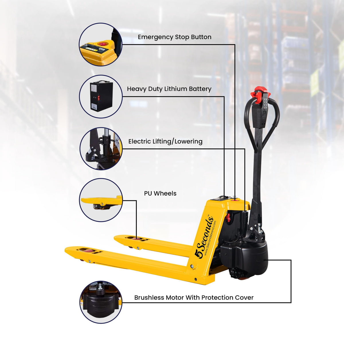 5Seconds - Steel Pallet Jack, Hand Lift Jack Tool with Electric System, Safe Moving Equipment for Industrial & Commercial Use, 5000lb Capacity, Fork Sizes 48” x 27”
