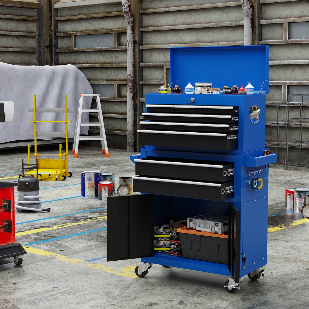 2-IN-1 Rolling Tool Chest Storage Box, Upgrade Steel Tool Box Hidden Desing, Detachable Tool Storage On Wheels W/Sliding Drawers for Workshop Garage Studio, Blue