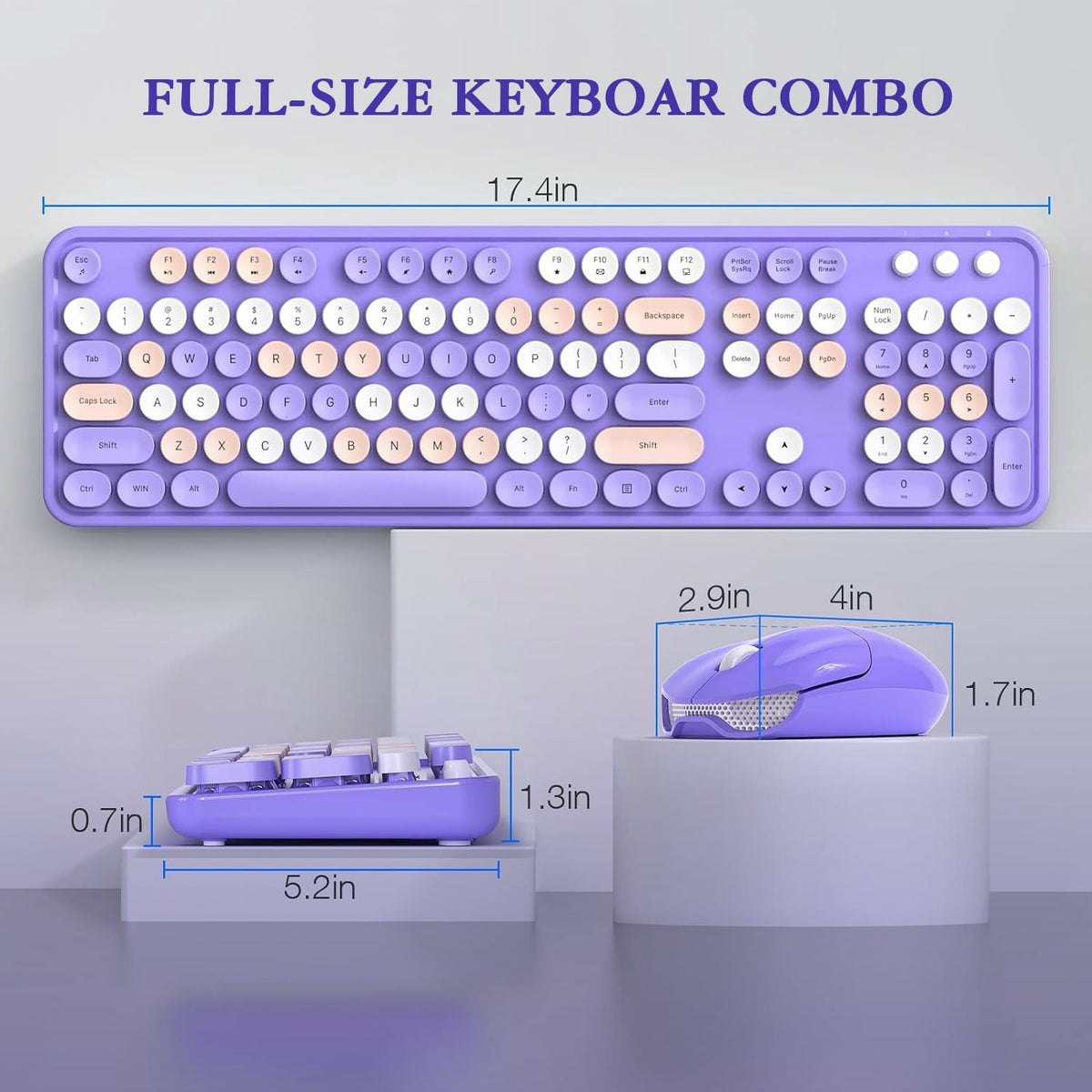 MOFII Wireless Keyboard and Mouse Combo 2.4GHz Retro Full-Size Keyboard with Number Pad and Cute Wireless Mouse for PC Desktop Laptop (Purple)