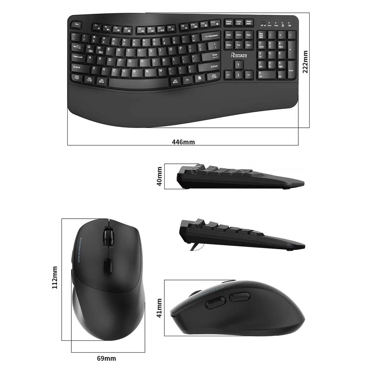 RECCAZR Advanced Combo Wireless Keyboard and Mouse, Wave Keys Ergonomic Keyboard with Wrist Rest and 3-Level DPI Adjustable Wireless Ergonomic Mouse for Windows, Mac OS Desktop/Laptop/PC(Black)