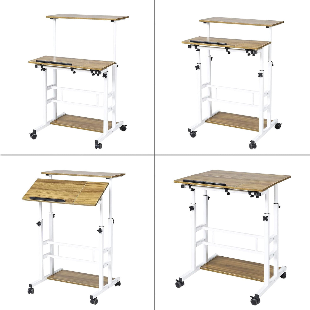 NurtureTail Height Adjustable Mobile Workstation with Wheels, Keyboard Tray & Storage Shelf, Rolling Laptop Desk for Home Office, Study & Small Spaces,White Frame/Ancient Oak Top