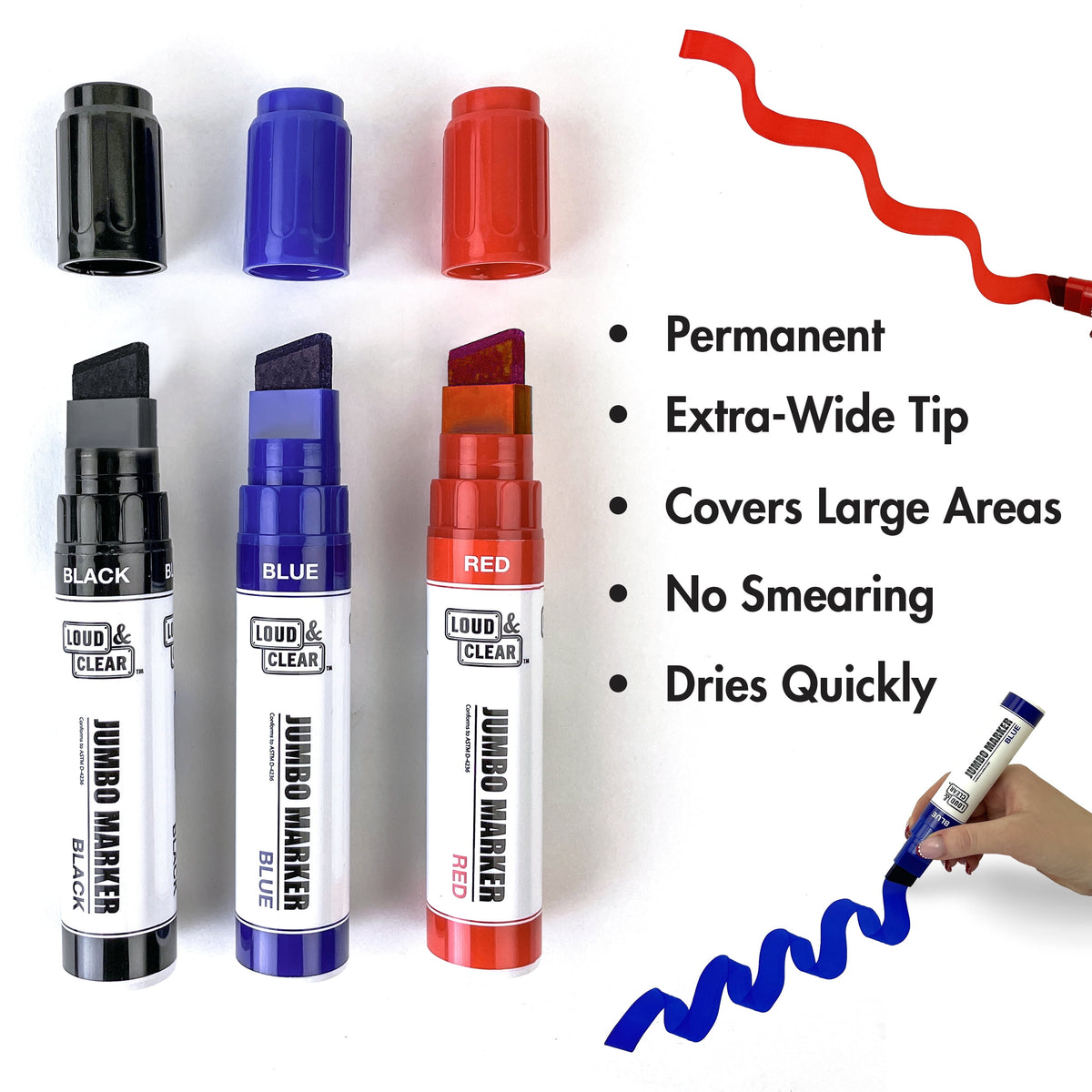 Loud & Clear -Jumbo Permanent Markers - Extra Wide Chisel Tip Marker 3pc Multi-pack, (Black, Red, Blue)