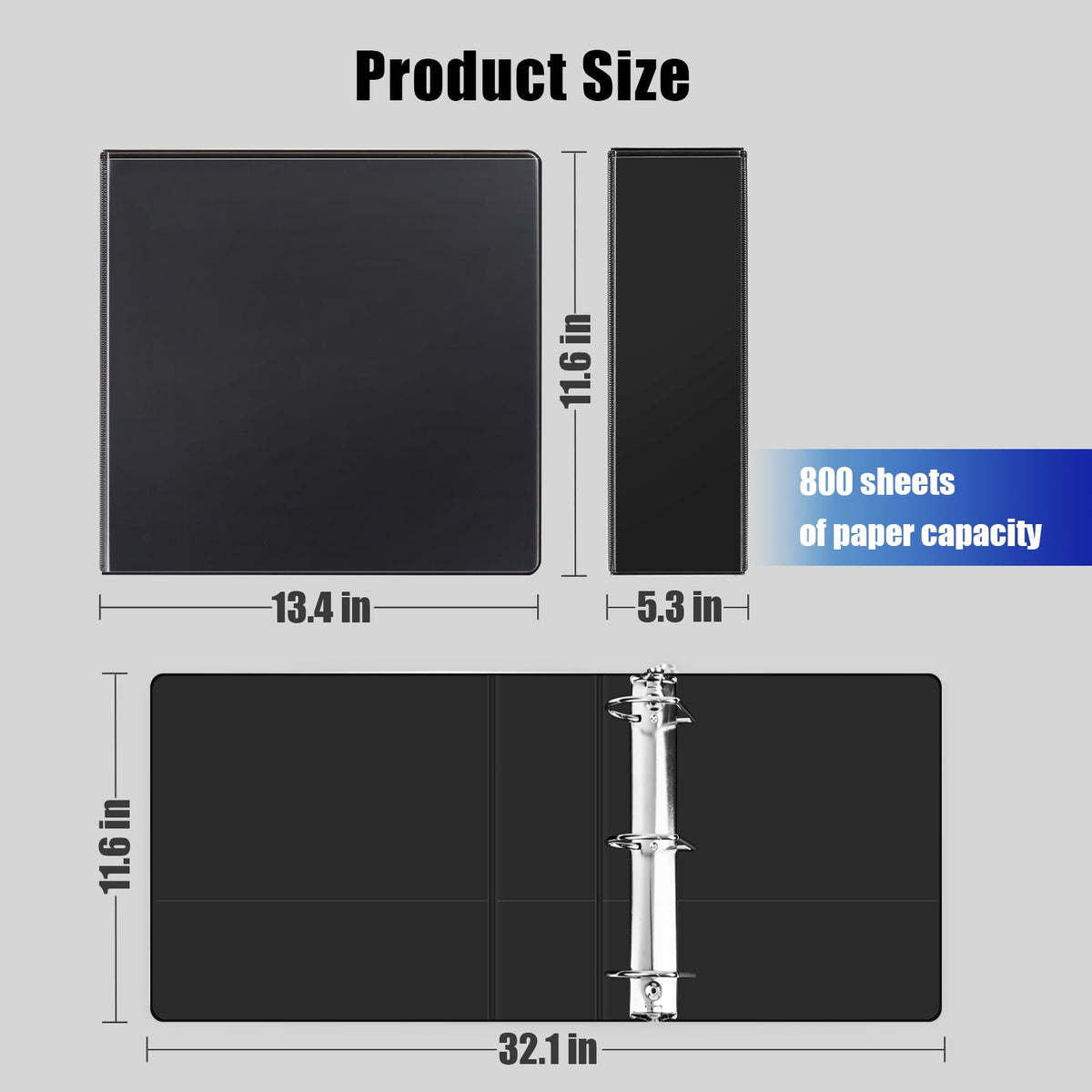 Comix Heavy-duty 5 Inch 3 Ring Binder with Clear Cover, D Ring, 950 Sheets Capacity, Office School Supplies, 6-Pack Black
