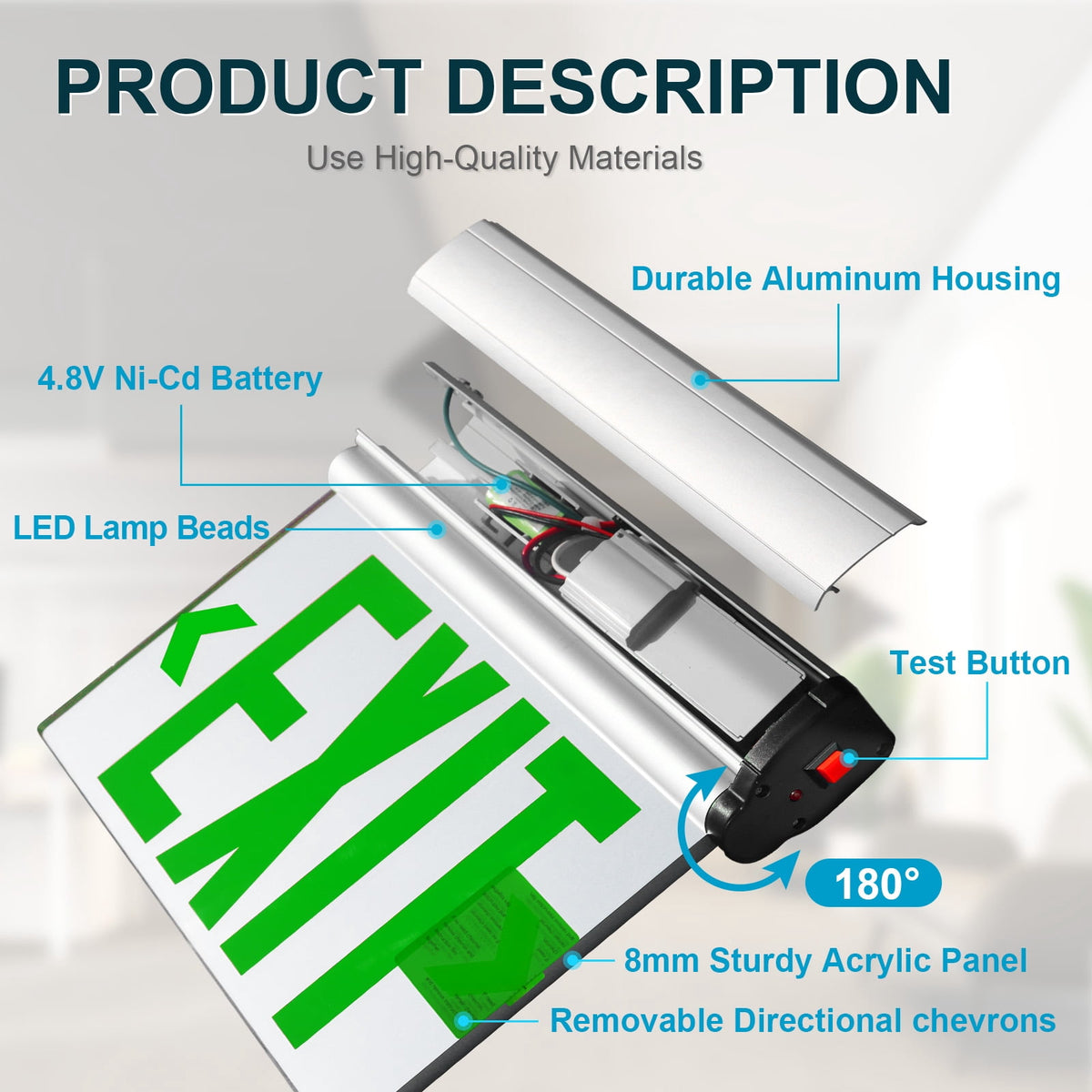 MW Lighting Green Hardwired LED Fire Exit Sign, Double Sided Aluminum & Acrylic Panel, UL Damp Rated, Top/Side/Wall Mount Canopy, Indoor Outdoor Commercial Dead End Entry Light
