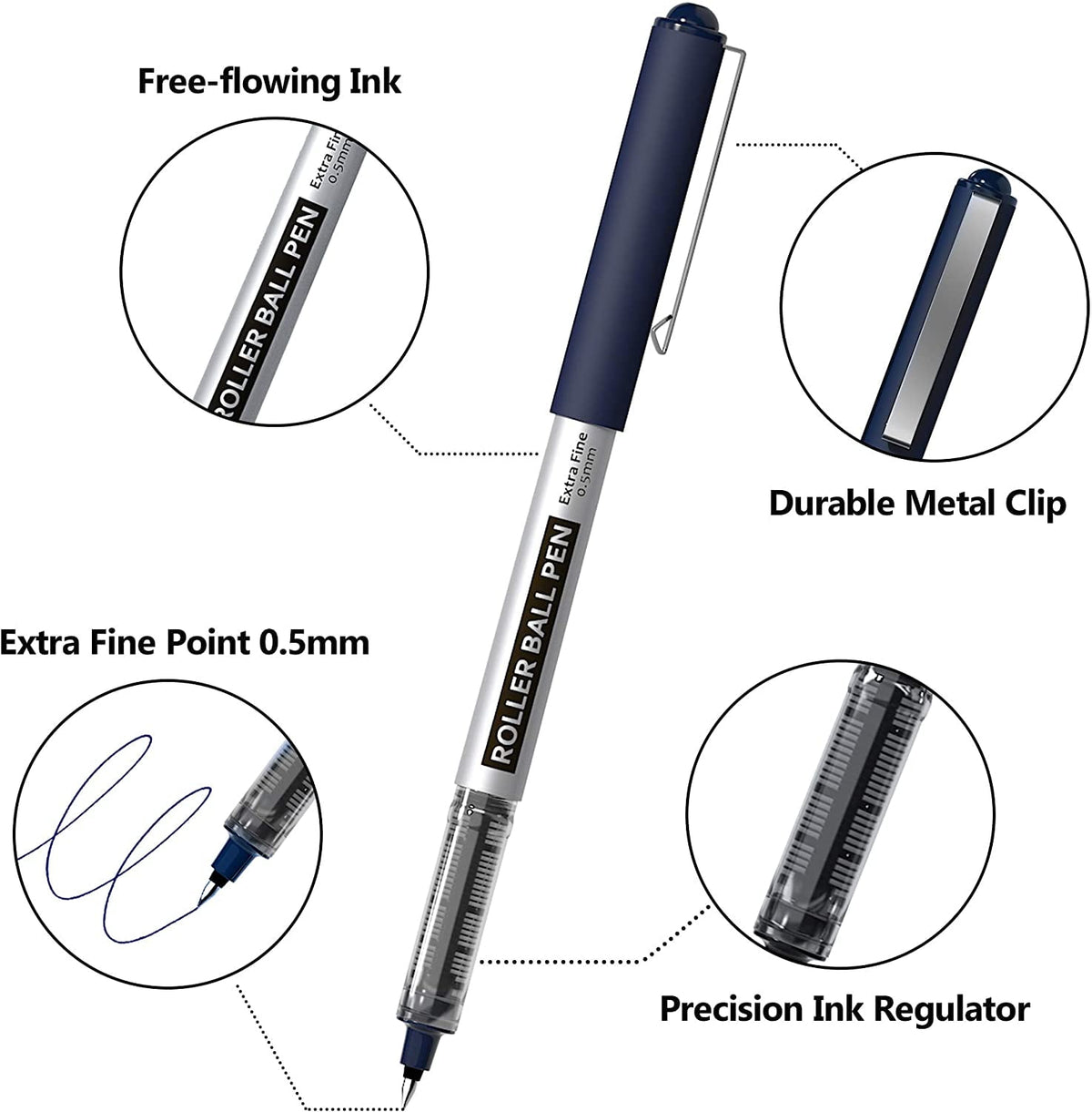 Shuttle Art Permanent RollerBall Pens, 25 Pack Blue Fine Point Roller Ball Pens, 0.5mm Liquid Ink Pens for Writing Journaling Taking Notes Office