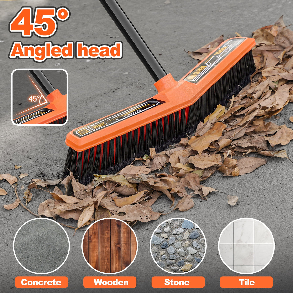 JEHONN 15.7" Wide Push Broom Outdoor Heavy Duty (Orange)