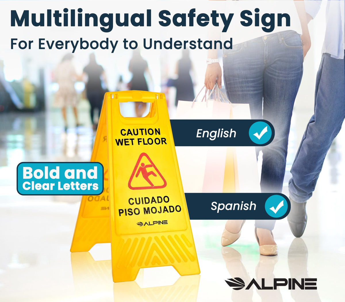 Alpine Wet Floor Signs 3 Pack - 24 Inch Caution Wet Floor Sign - Bilingual Safety Warning Sign to Easily Avoid Slippery Accidents in High Traffic Areas