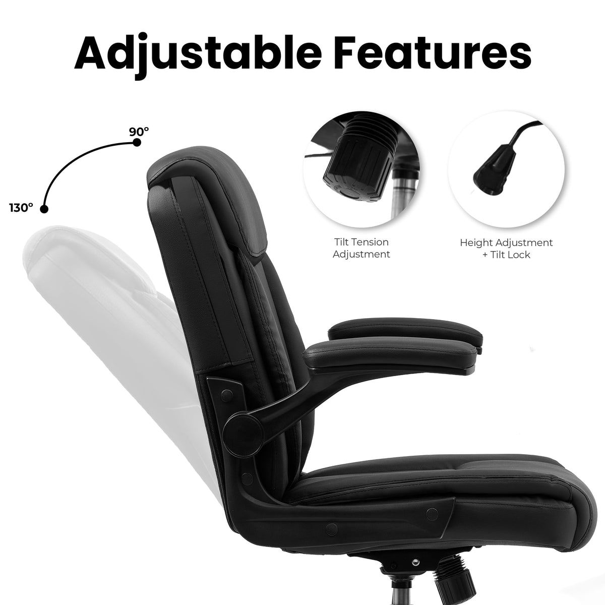 NEO CHAIR Office Desk Computer Chair Ergonomic Executive Mid-Back Leather Gaming Chair with Adjustable Flip-Up Armrests Wheels Swivel for Home Study Task (Jet Black)