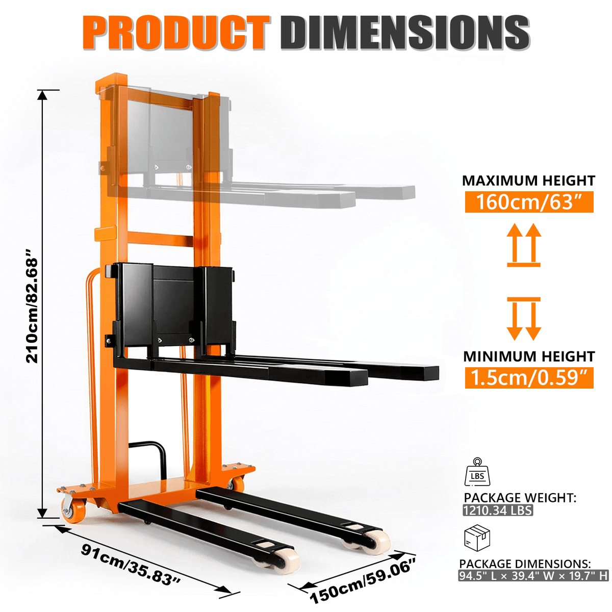 Vakiorn 1100 Lbs Electric Manual Pallet Stacker 63" Lift Height 1500W Powered Walkie Stacker with 48V 10Ah Battery Manual Hand Forklift Pallet Truck for Warehouse Logistics Workshop