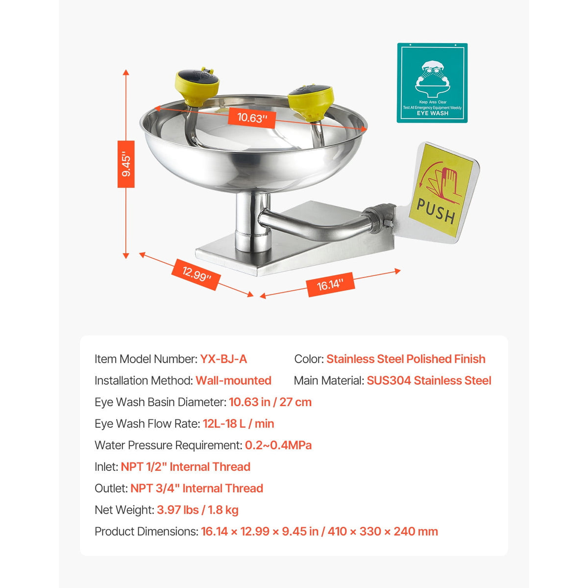 KFFKFF Emergency Eye Wash Station, Stainless Steel Wall-Mounted Eyewash Unit, First Aid Eye Wash Sink 16.14 x 12.99 x 9.45 Inches, Suitable for Laboratories, Factories, Schools, Construction Sites