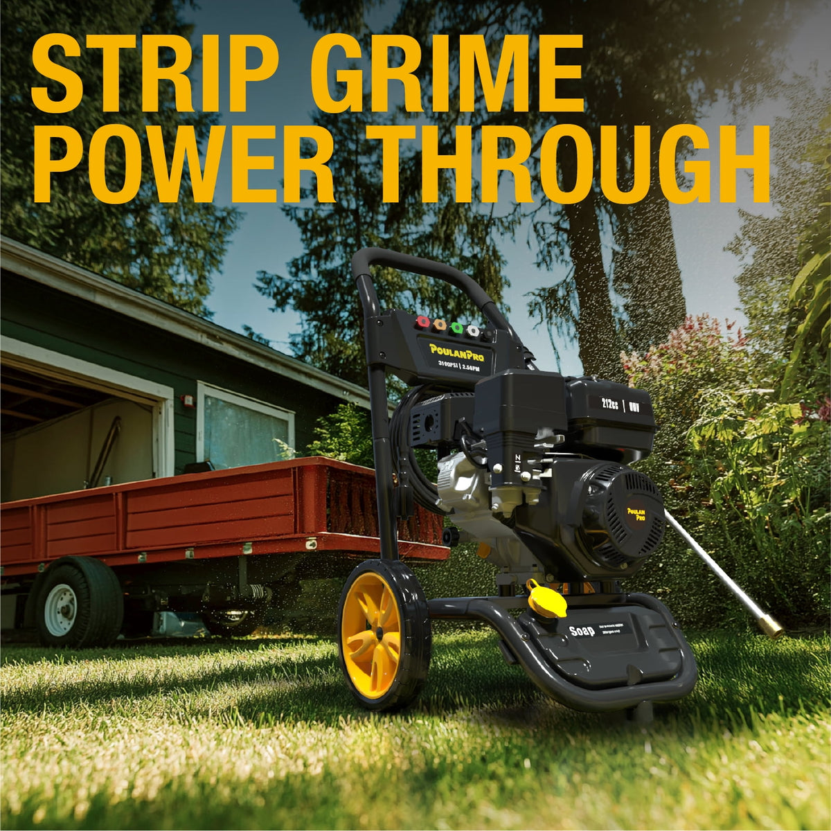 Poulan Pro Gas Pressure Washer, 3100 PSI & 2.5 GPM, 212cc 4-Cycle High Pressure Washer with 30ft Hose and 10-inch Wheels, 21" Spray Lance, 5 Nozzles for Cars Driveways Patios Fences Daily Cleaning