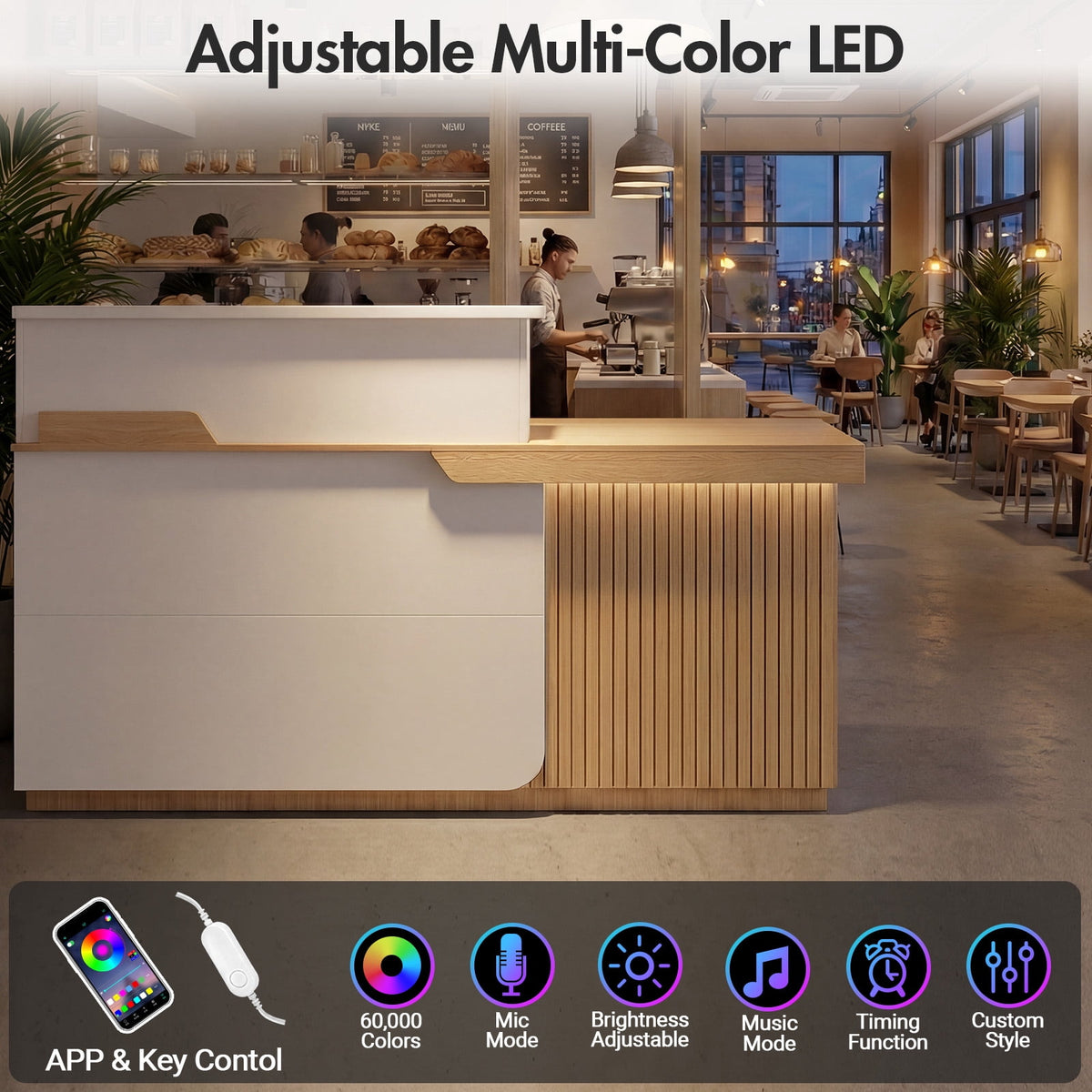 Advwin Modern Reception Desk with LED Light, 63" Fluted Front Desk with Lockable Drawer, Cabinet & Sliding Tray, Large Reception Counter Table for Office Lobby Nail Salon Clinic, White+Light Wood