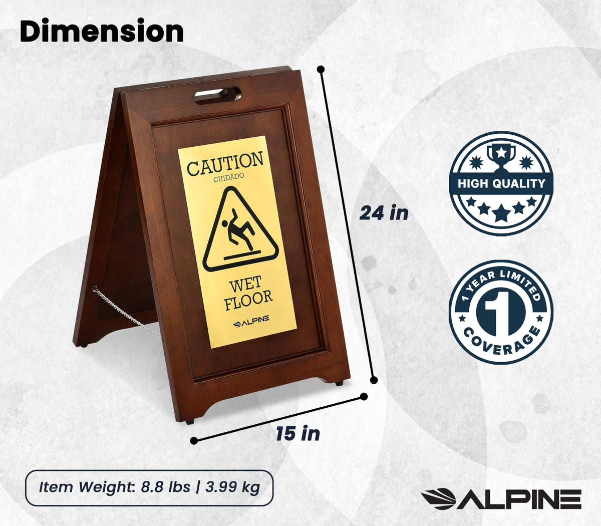 Alpine 2-Sided Wooden Brass Plated Wet Floor Sign - A-Frame Warning Notice - Double Sided Fold Out Bilingual Floor Safety Alert Ideal for High End Commercial Use