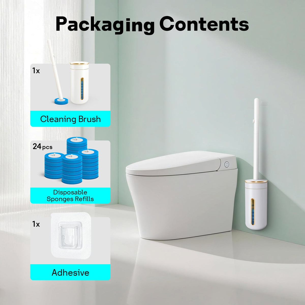 Toilet Bowl Brush，Disposable Toilet Brush with Refill Heads, Wall-Mounted Cleaning System, Storage Caddy, and 24 Scrubbing Pads