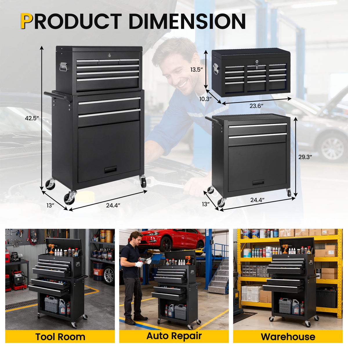 Seizeen 2-IN-1 Tool Chest & Cabinet, Large Capacity 8-Drawer Rolling Tool Box Organizer with Wheels Lockable, Black