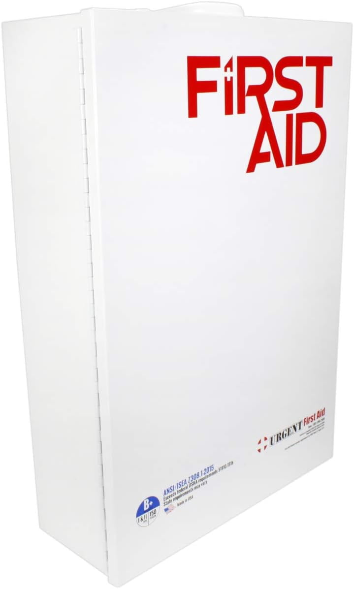 OSHA & ANSI 4 Shelf Industrial First Aid Cabinet with Pocket Liner, 150 Person, 1125 Pieces, 2015 Class B+, Types I & II, Made in USA by Urgent First Aid™ with extra content & NEW ANSI First Aid Guide