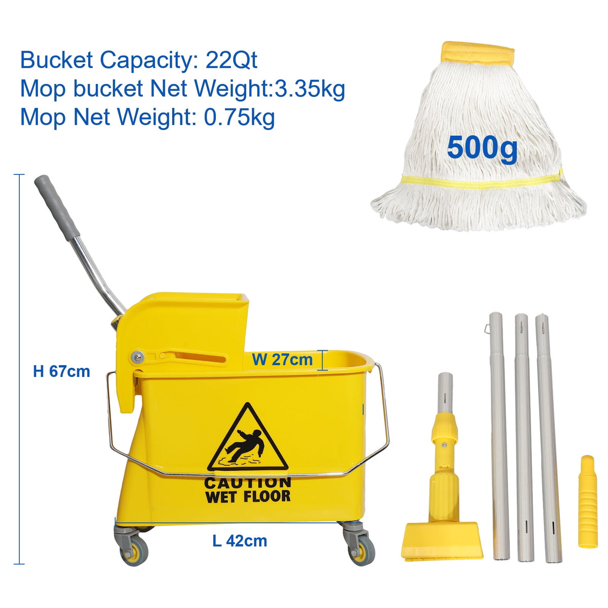 Midoneat Side Press Wringer Combo Commercial Floor Cleaning Rectangular Mop Bucket on Wheels, 22-Quart, Yellow,Add One Commercial Mop