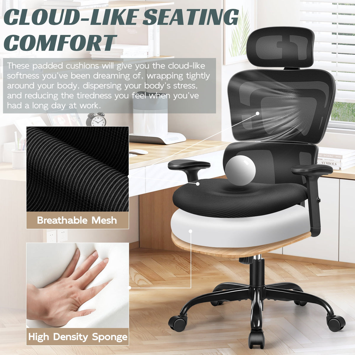 COOLHUT Ergonomic Office Chair, High Back Desk Chair, Breathable Mesh Computer Chair with Lumbar Support, Comfy Foam Cushion Home Office Chair, 300lbs, Black