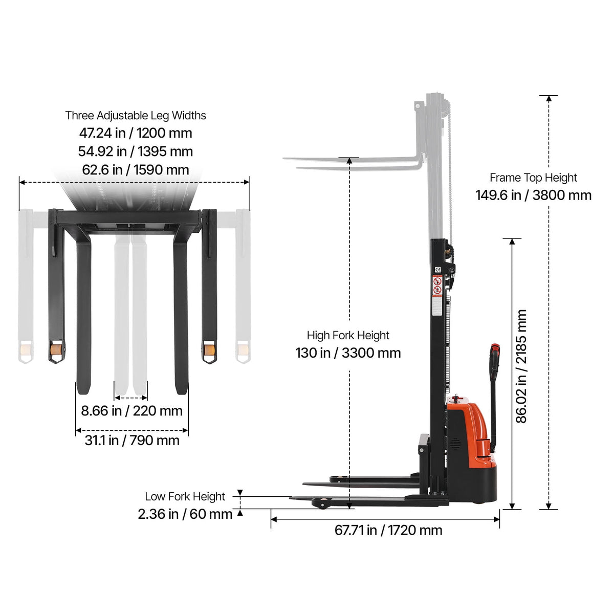 VEVOR Full Electric Pallet Stacker, 3300 lbs Capacity, Pallet Lift Stacker Forklift with Straddle Legs & Forks, 127.6 Inches Lifting Height & 8.66-31.1 Inches Adjustable Fork Width, Orange & Black
