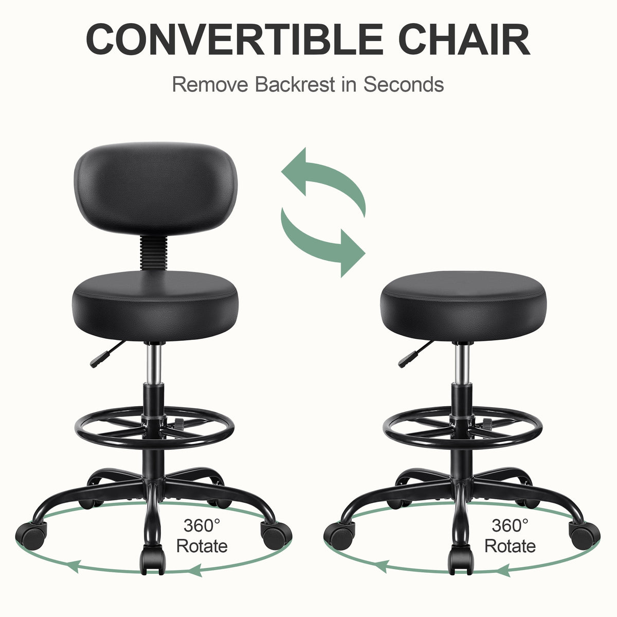Primy Drafting Office Chair with Backrest - Adjustable Rolling Stool | Armless Office & Bar Height Chair | PU Leather with Thick Cushion | for Home, Office, Salon, Kitchen, Shop, Black