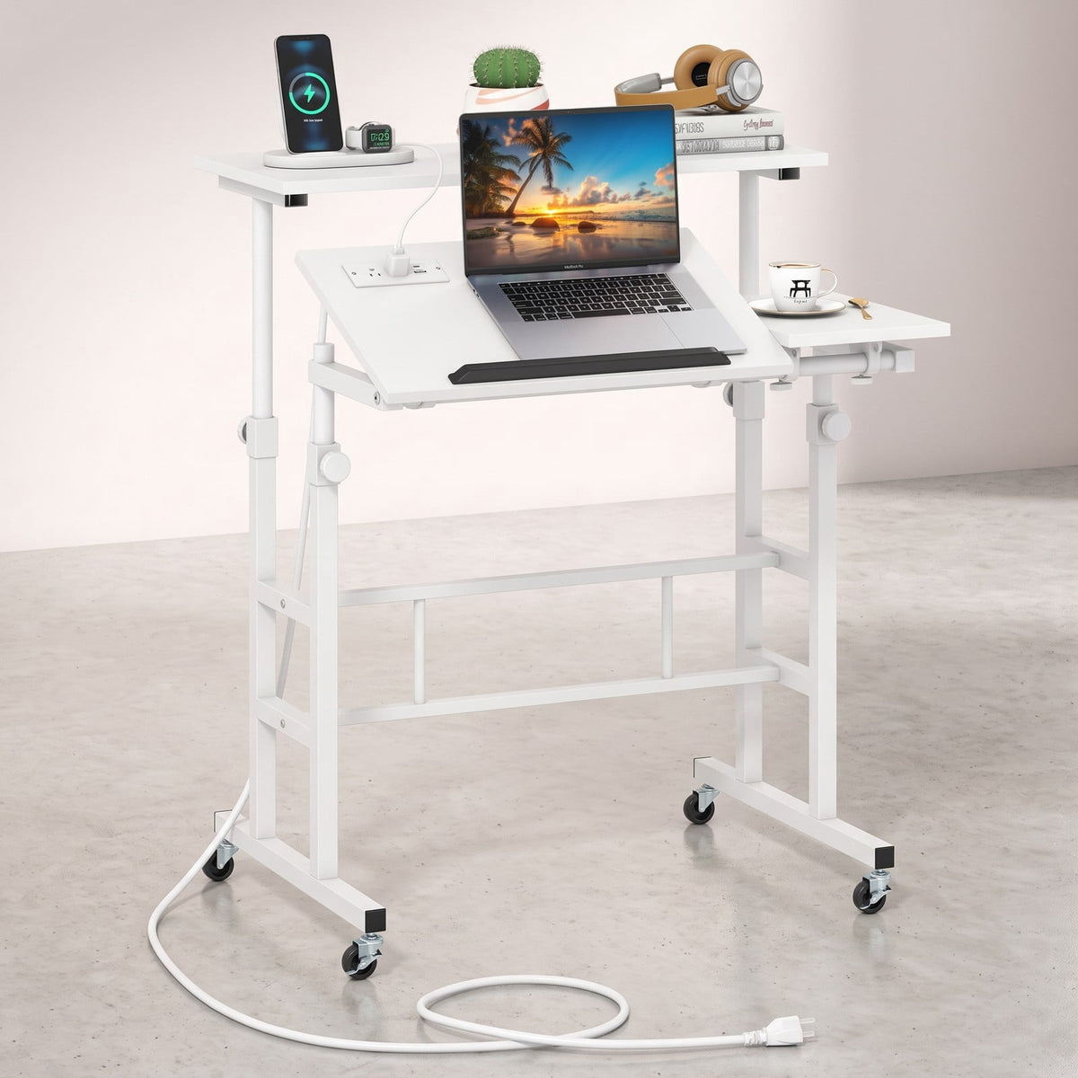Furnibear Mobile Standing Desk Height Adjustable Computer Workstation with 2 Tilting Desktops, Rolling Sit Stand Desk with Charging Station, USB & Type-C Ports, White
