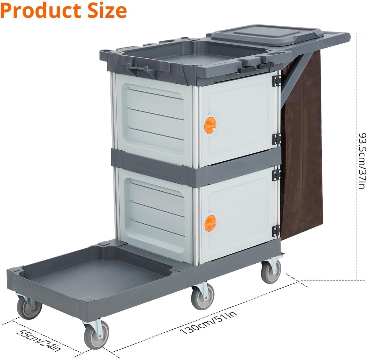 IdeaHouse Janitorial Cart with 2 Cabinets, 3-Shelf Commercial Cleaning Cart on Wheels with Cover & Vinyl Bag, Silent Casters, Heavy-Duty Housekeeping & Custodial Utility Cart