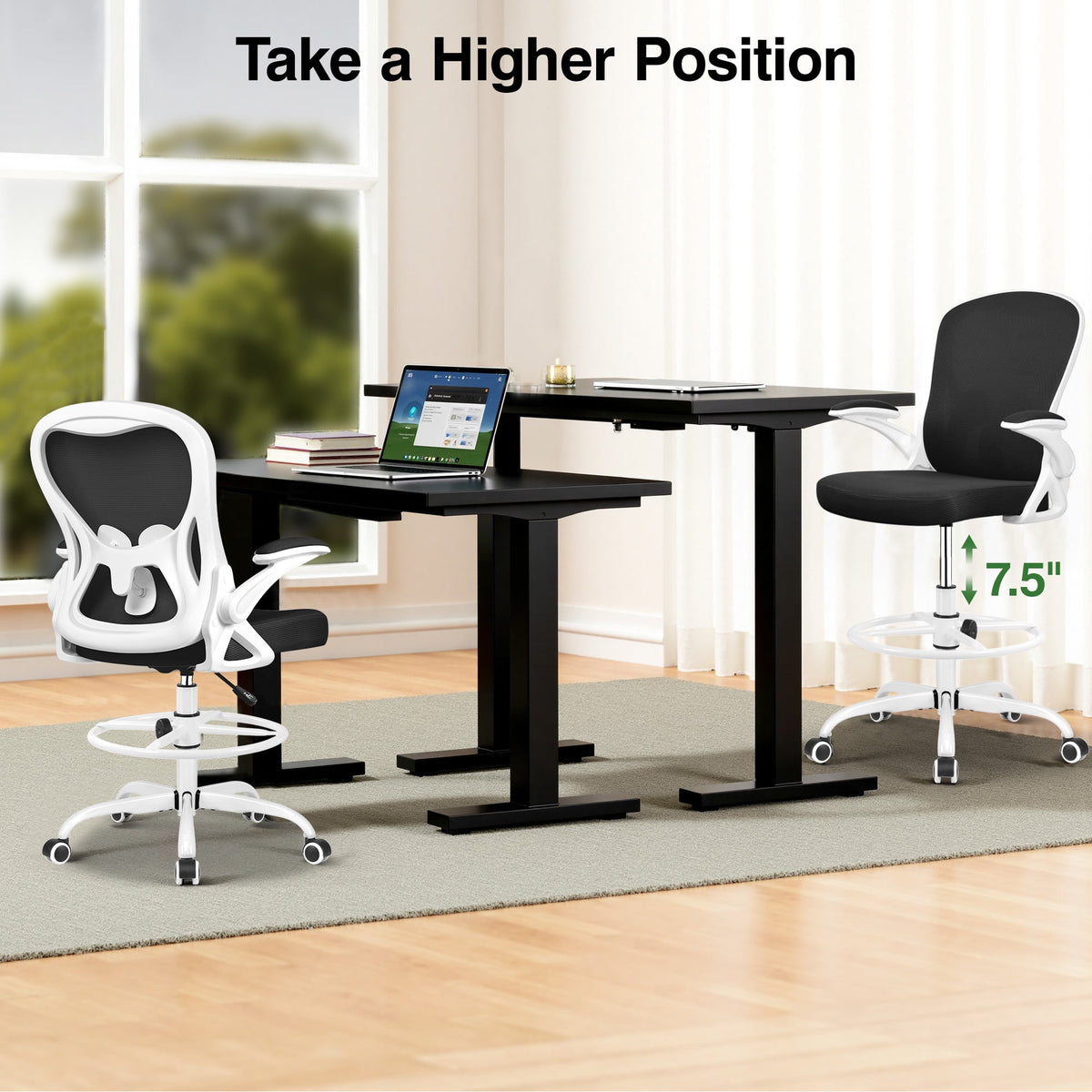 ATHOPE Ergonomic Office Chair, Mesh Desk Chair with Lumbar Support, Tall Office Chair with Flip-Up Armrests and Footrest Ring, Adjustable Computer Chair for Standing Desk Home Office, White
