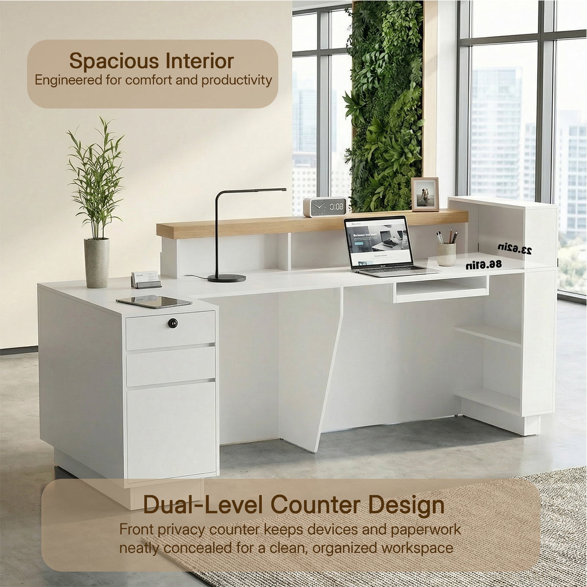 63" White L-Shaped Reception Desk with Left Counter, Modern Front Desk with Built-in Power Outlets, Locking Drawers & LED Lights for Office, Salon & Retail