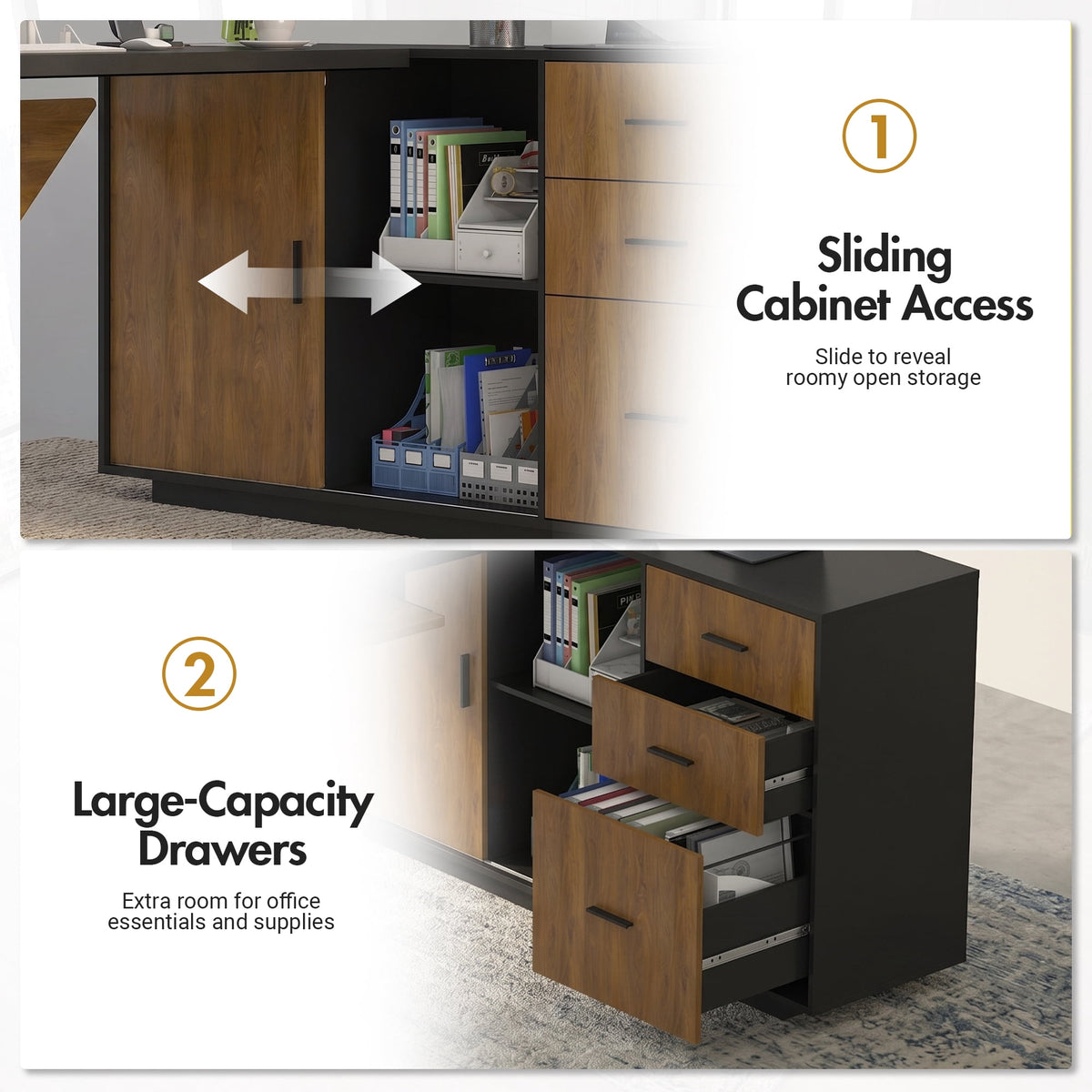 Advwin Modern 74.4" L-Shaped Executive Desk with Display Cabinet & Power Outlet, Large Luxury Office Desk Corner Workstation with File Drawer & LED Light, Black+Brown