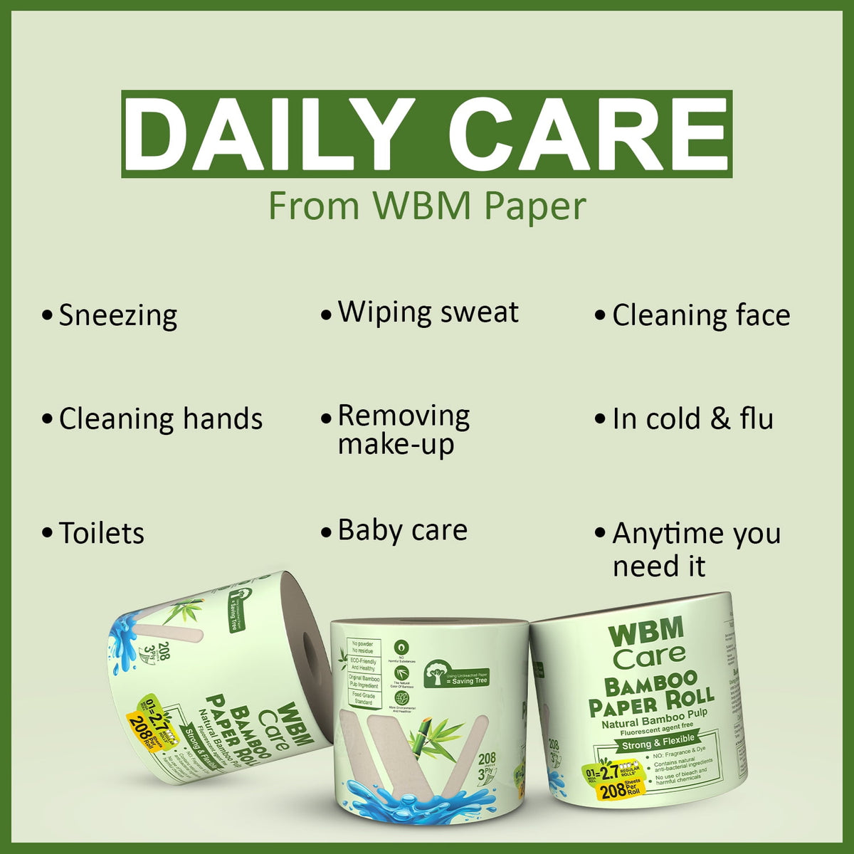 WBM Care Natural Bamboo Toilet Paper, 3-Ply, Unbleached, Tree-Free, 208 Sheets per Roll, 10 Rolls, Soft and Gentle Bath Tissue, Chemical-Free