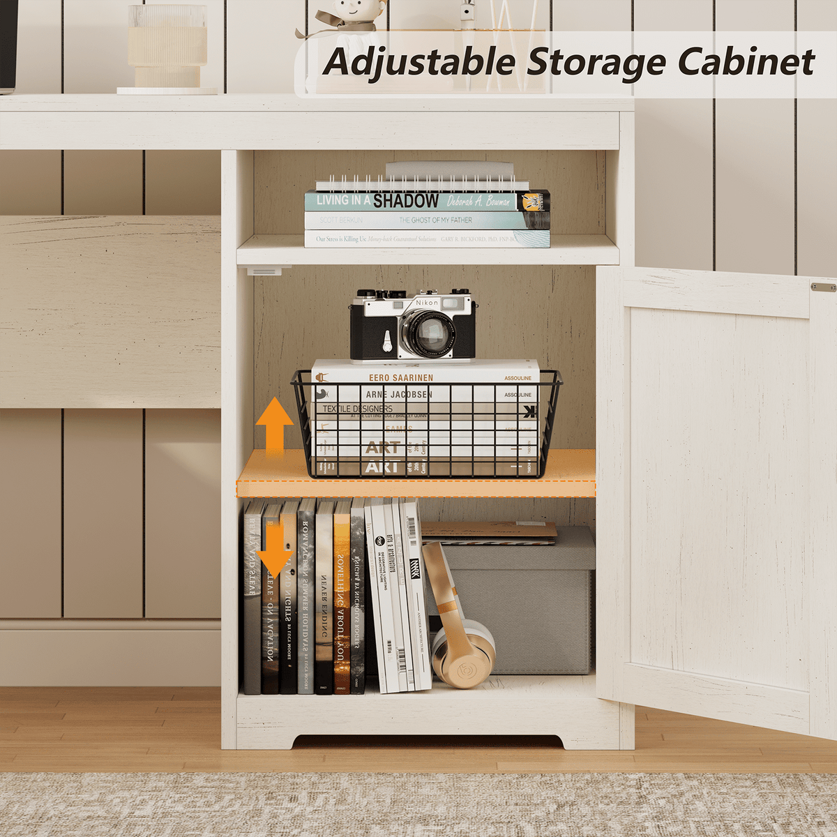 63" Farmhouse L Shaped Executive Desk with Drawers & Storage Shelf, Corner Computer Desk with Power Outlets, L Shaped Office Desk with Monitor Stand, Printer Shelf, White