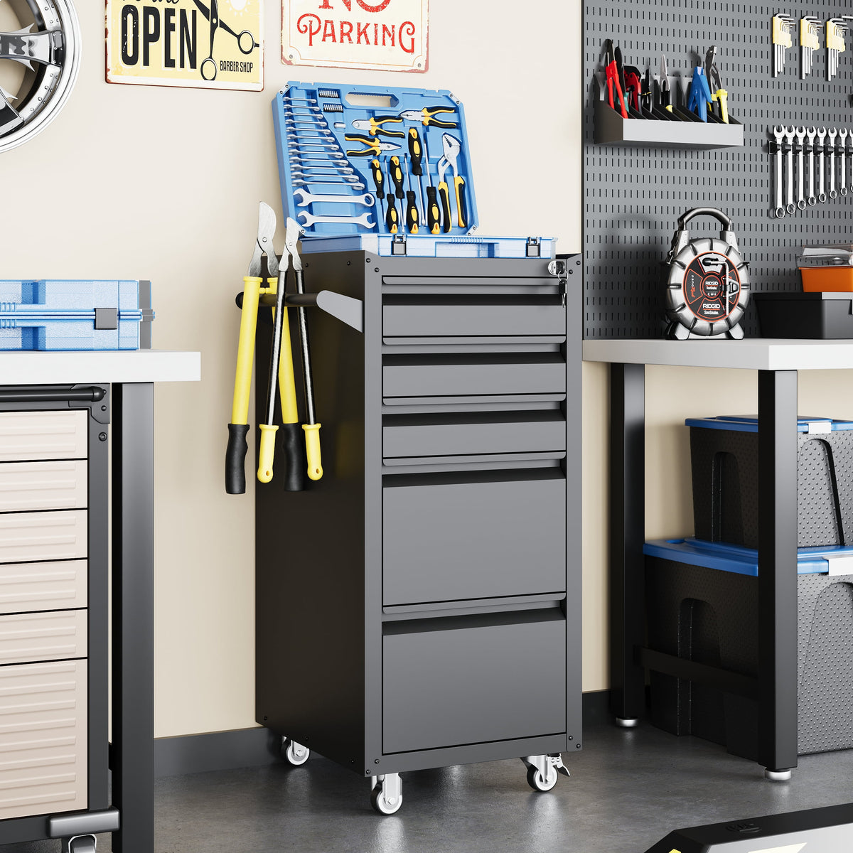 Fesbos 5-Drawer Rolling Tool Chest, Lockable Metal Cabinet with Wheels & Ball-Bearing Slides, Industrial Mobile Tool Storage Cart for Garage, Workshop, Mechanic