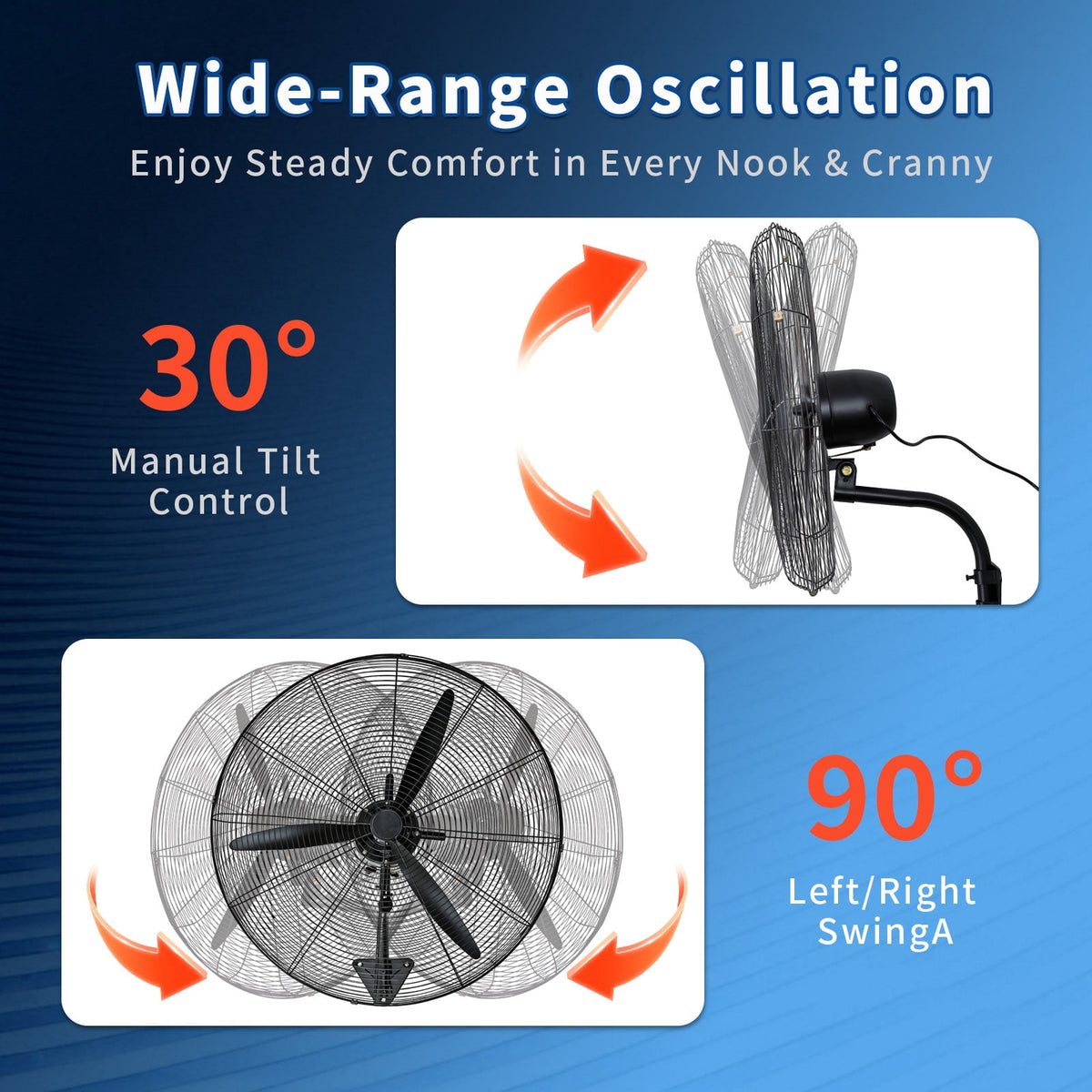 YXSC 30 Inch Industrial Wall Mount Fan, 11200 CFM High Velocity Oscillating Commercial Fan, 3-Speed Heavy Duty Metal Garage Warehouse Workshop Fan with Adjustable Tilt, 120W Motor, Black