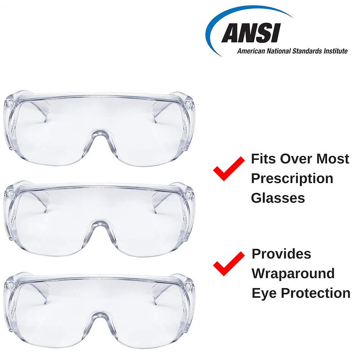 Global Vision Bulk 100 High Impact Safety Glasses, Goggles Fits Over The Glasses Clear Frame & Lens, Max UV Protection Side Shields, Anti-Glare Brow Guard