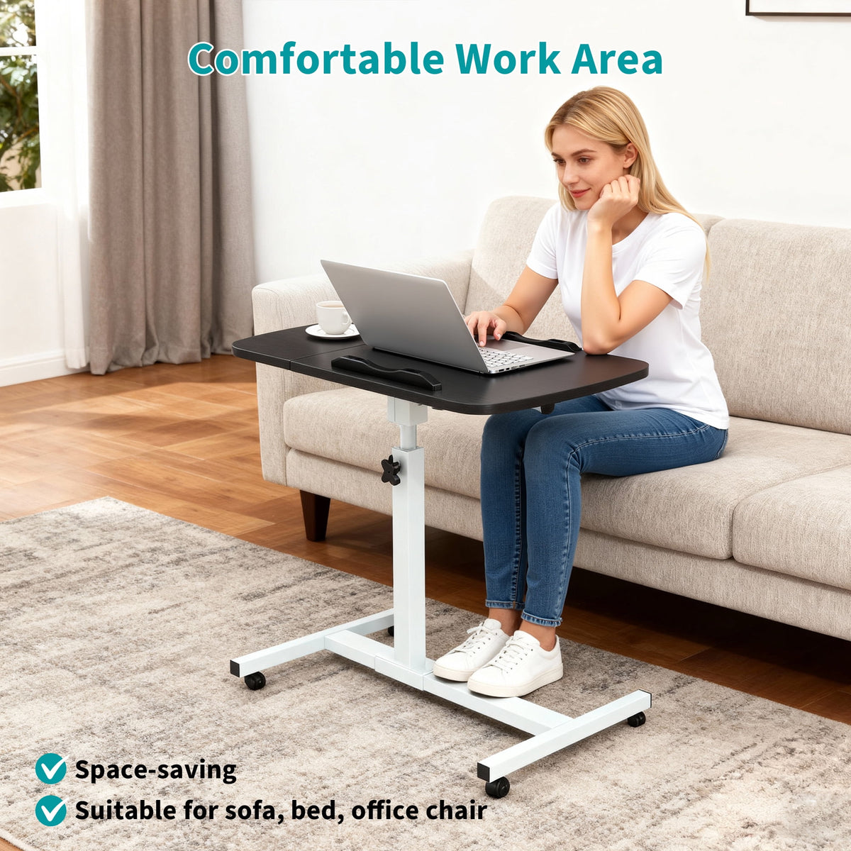 Furnibear Bedside Laptop Desk with Wheels, Height Adjustable Rolling Table with Tilting Desktop, Small Standing Desk for Home Office, Black