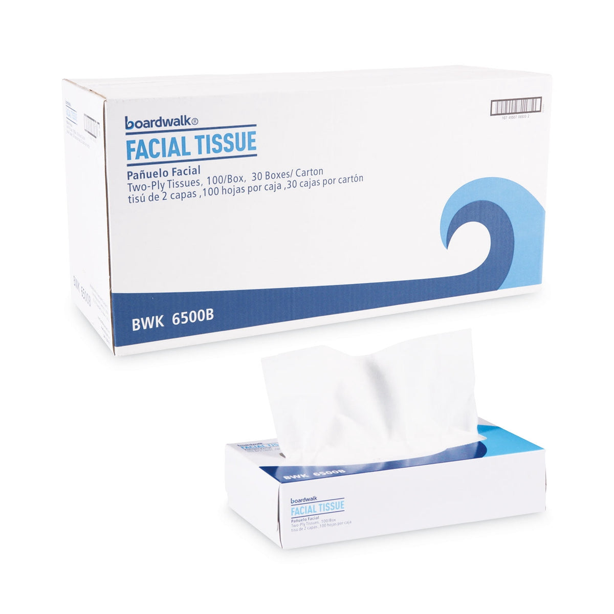 Boardwalk Office Packs Facial Tissue, 2-Ply, White, Flat Box, 100 Sheets, 30 Boxes/Carton, BWK6500B