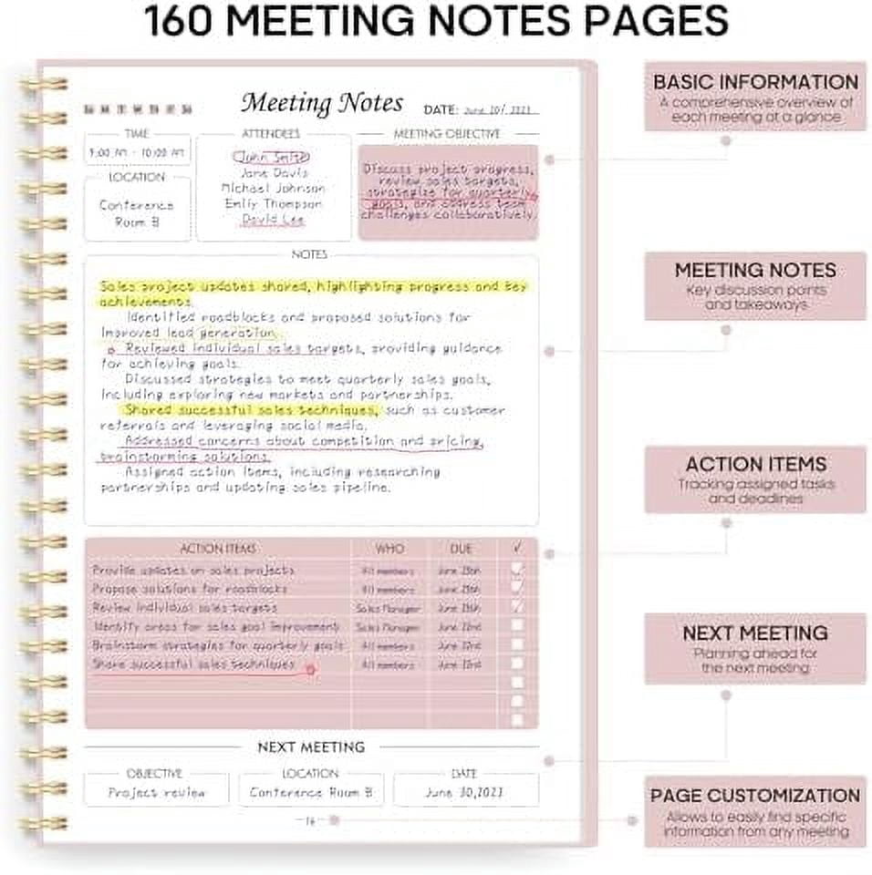 Meeting Notebook for Work Organization - Work Planner Notebook with Action Items, Agenda Planner for Note Taking, 160 Pages (6.9" X 9.9") Project Organizer for Men & Women - Pink
