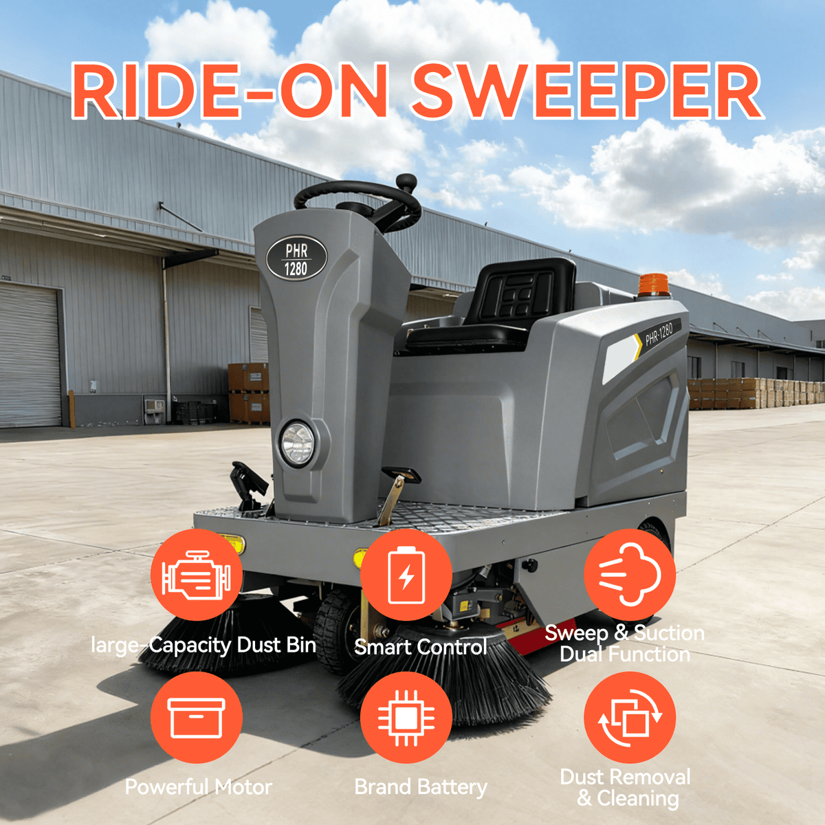 POHIR 50.4" Ride-On Industrial Floor Sweeper, 92,600 Sq Ft/H, 26.5 gal Hopper, 800W Brushless Motor, Commercial Cleaning Machine for Warehouse Factory Parking Lot